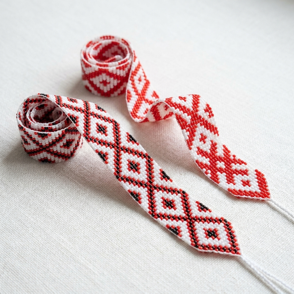 Traditional red, white, and black beaded ribbons on natural linen.